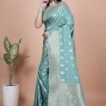 Classic Aqua Green Banarasi Silk Saree with Golden Zari and Peacock Motif