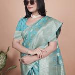 Classic Aqua Green Banarasi Silk Saree with Golden Zari and Peacock Motif