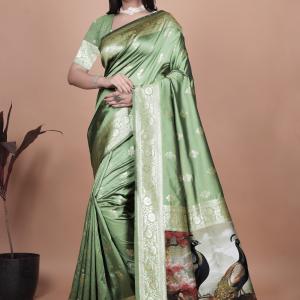 Elegant Green Silk Saree with Peacock Design and Golden Border