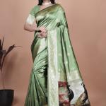 Elegant Green Silk Saree with Peacock Design and Golden Border