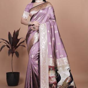 Traditional Lilac Silk Saree with Intricate Golden Border and Peacock Embroidery