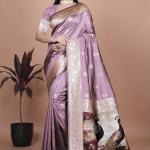 Traditional Lilac Silk Saree with Intricate Golden Border and Peacock Embroidery