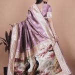 Traditional Lilac Silk Saree with Intricate Golden Border and Peacock Embroidery
