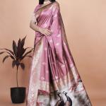 Graceful Lilac Saree with Intricate Golden Border and Peacock Art