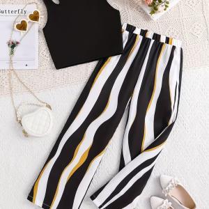 Girls Black Ribbed Sleeveless Crop Top & Striped Wide Leg Pants Set