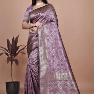 Purple Banarasi Silk Saree with Traditional Zari Work & Tassel Detailing – Ideal for Weddings, Parties, and Festive Occasions