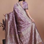 Purple Banarasi Silk Saree with Traditional Zari Work & Tassel Detailing – Ideal for Weddings, Parties, and Festive Occasions
