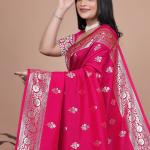 Premium Pink Banarasi Silk Saree with Peacock Artwork and Silver Border