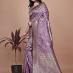 Designer Purple Silk Saree with Golden Zari Borders – Ideal for Weddings and Special Occasions