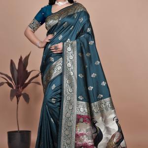 Graceful Teal Saree with Peacock Border and Silver Zari for Weddings & Festivals