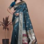 Graceful Teal Saree with Peacock Border and Silver Zari for Weddings & Festivals