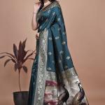 Graceful Teal Saree with Peacock Border and Silver Zari for Weddings & Festivals