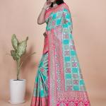 Premium Aqua and Pink Banarasi Silk Saree with Zari Embroidery