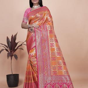 Royal Orange and Pink Silk Saree with Detailed Zari Work for Weddings