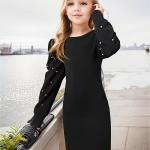 Girls Black Pearl Embellished Puff Sleeve Bodycon Dress