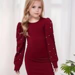 Girls Maroon Pearl Embellished Puff Sleeve Bodycon Dress