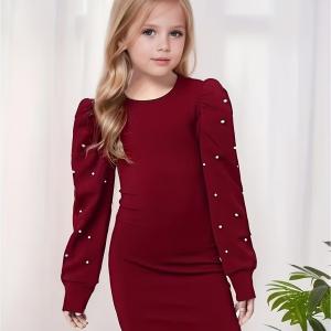 Girls Maroon Pearl Embellished Puff Sleeve Bodycon Dress