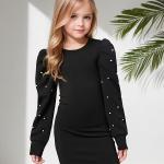 Girls Black Pearl Embellished Puff Sleeve Bodycon Dress