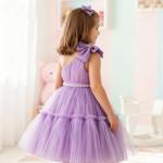 Girls Lavender One-Shoulder Party Dress with Bow & Pearl Waist Belt