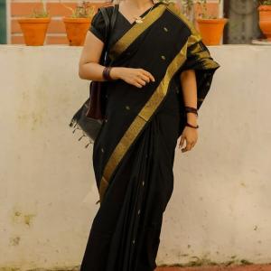 Surpassing Black Cotton Silk Saree With Classy Blouse Piece