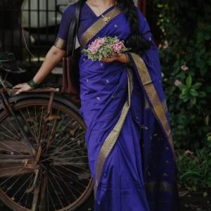 Imaginative Navy Blue Cotton Silk Saree With Whimsical Blouse Piece
