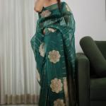 Glittering Green Linen Silk Saree With Demanding Blouse Piece