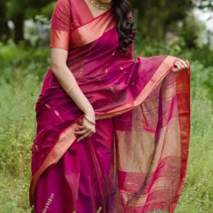 Most Flattering Dark Pink Linen Silk Saree With Desultory Blouse Piece