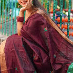 Stunning Wine Cotton Silk Saree With Palimpsest Blouse Piece