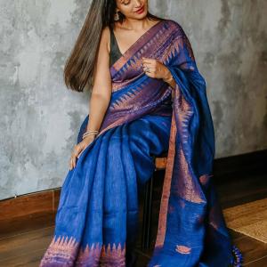 Improbable Royal Blue Cotton Silk Saree With Fragrant Blouse Piece