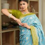 Devastating Sky Soft Silk Saree With Glamorous Blouse Piece