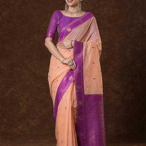 Profuse Peach Cotton Silk Saree With Demesne Blouse Piece