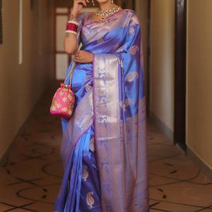 Groovy Blue Soft Banarasi Silk Saree With Artistic Blouse Piece