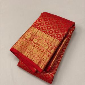 Lovely Red Soft Banarasi Silk Saree With Precious Blouse Piece