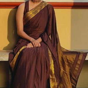 Evocative Brown Pure Zari Weaving Banarasi Silk Saree With Verdant Blouse Piece