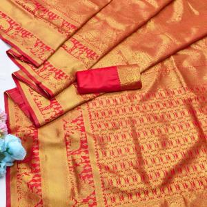 Majesty Red Pure Zari Weaving Banarasi Silk Saree With Assemblage Blouse Piece