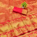 Majesty Red Pure Zari Weaving Banarasi Silk Saree With Assemblage Blouse Piece