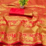 Majesty Red Pure Zari Weaving Banarasi Silk Saree With Assemblage Blouse Piece