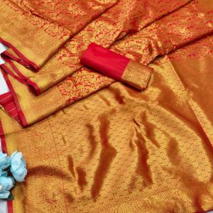 Panoply Red Pure Zari Weaving Banarasi Silk Saree With Embrocation Blouse Piece