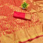 Panoply Red Pure Zari Weaving Banarasi Silk Saree With Embrocation Blouse Piece