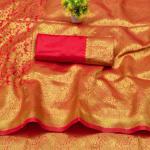 Panoply Red Pure Zari Weaving Banarasi Silk Saree With Embrocation Blouse Piece