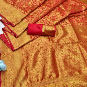 Nectarous Red Pure Zari Weaving Banarasi Silk Saree With Beautiful Blouse Piece