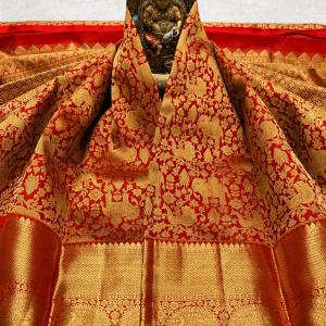 Innovative Red Pure Banarasi Silk Saree With Bucolic Blouse Piece