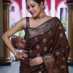 Unique Brown Pure Zari Weaving Banarasi Silk Saree With Jazzy Blouse Piece