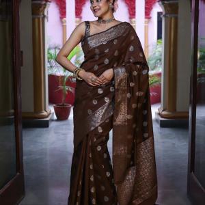 Unique Brown Pure Zari Weaving Banarasi Silk Saree With Jazzy Blouse Piece