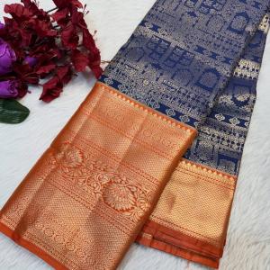 Entrancing Navy Blue Pure Zari Weaving Banarasi Silk Saree With Invaluable Blouse Piece
