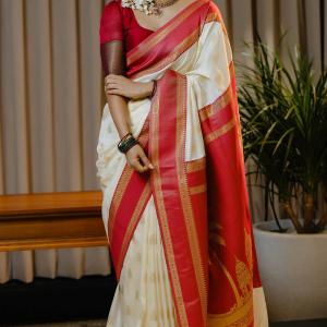Incomparable Beige Pure Banarasi Silk Saree With Admirable Blouse Piece