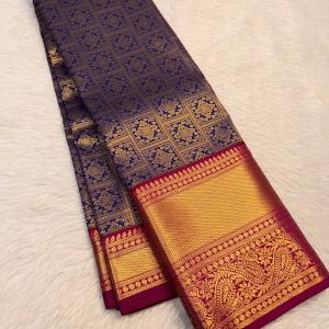 Pretty Navy Blue Pure Banarasi Silk Saree With Zephyr Blouse Piece