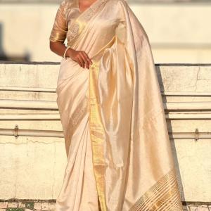 Proficient Beige Pure Zari Weaving Banarasi Silk Saree With Exuberant Blouse Piece
