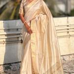 Proficient Beige Pure Zari Weaving Banarasi Silk Saree With Exuberant Blouse Piece