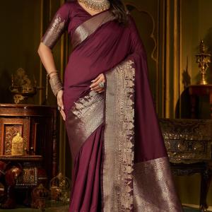 Scrupulous Wine Pure Banarasi Silk Saree With Opulent Blouse Piece